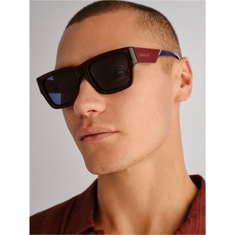 New Gucci GG1668S 002 Havana Sunglasses with Burgundy & Blue Temples Authentic